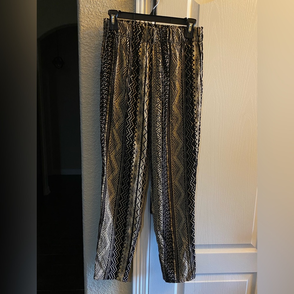 Ambiance Apparel- Tan & Black Tribal Printed Lounge Pants